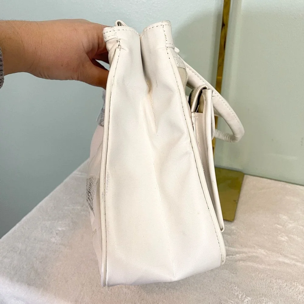 Leather Shoulder Bag Women's Cream White Genuine Leather Patches Satchel  Bag